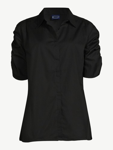 Scoop Top Women's Large Black Ruched Short Sleeve Point Collar Button-Up Stretch