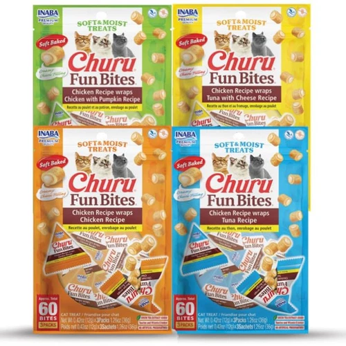 INABA Churu Fun Bites for Cats, Soft & Chewy Baked Chicken Wrapped Filled Cat...
