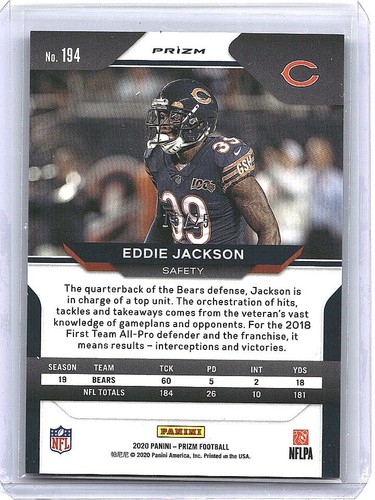 Eddie Jackson 2020 Panini Prizm #194 Blue Shimmer /99 Chicago Bears FAST SHIP - Picture 2 of 2