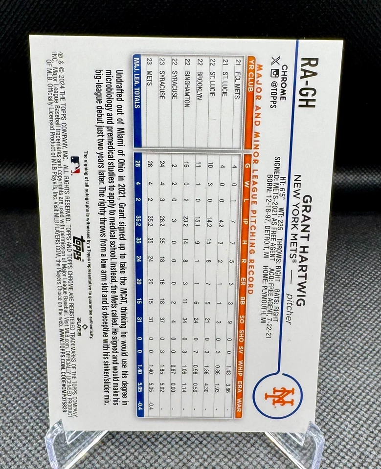 GRANT HARTWIG 2024 Topps Chrome RC #RA-GH Purple Speckle /299 Auto Rookie - Image 2 of 2