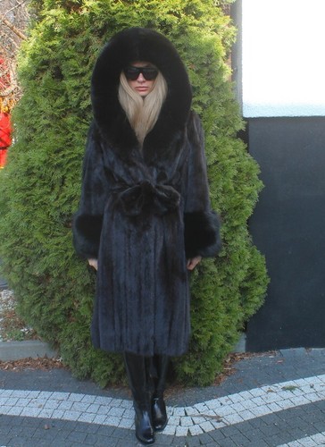 100% Echt Ranch Nerz Pelzmantel mit Kapuze Mantel Outwear Kleidung Mode L - Bild 12 von 15