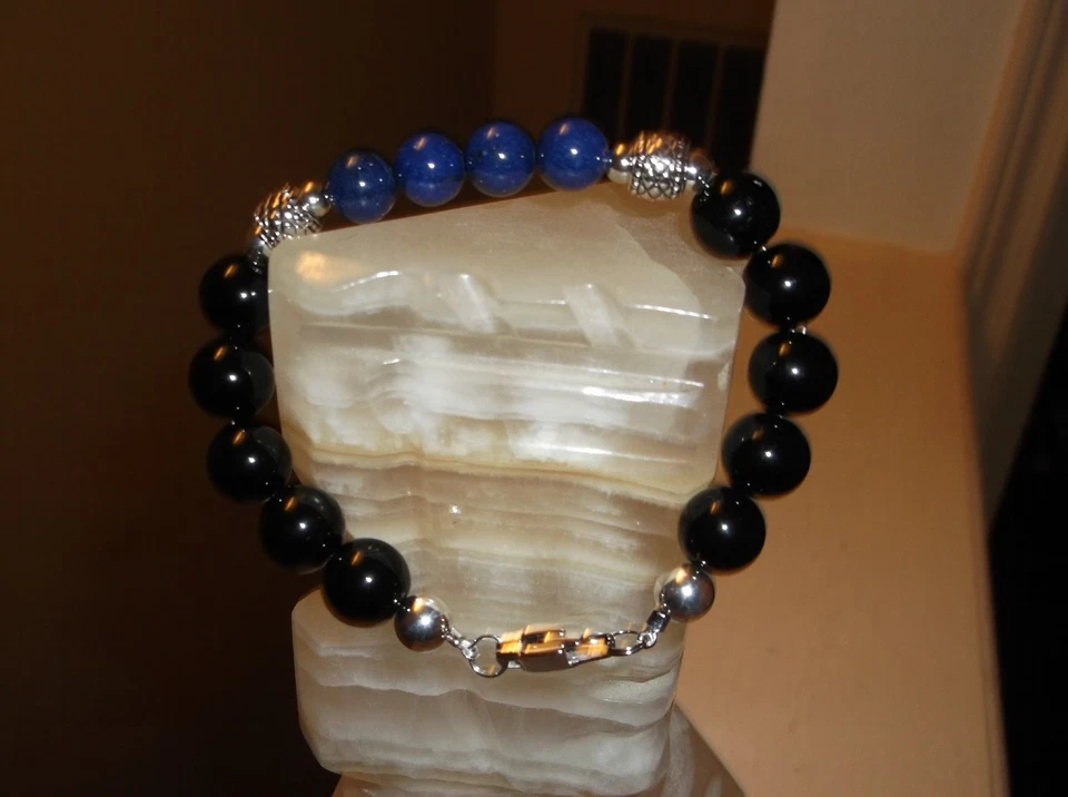 PULSERA HOMBRE HECHA A MANO 9" 12 MM ÁGATA NEGRA Y 10MM LAPISLÁZULI AZUL CUENTAS  Foto 3 de 4