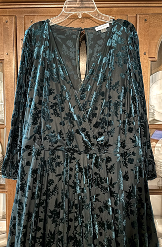 Abito Calvin Klein blu verde velluto burnout floreale finto avvolgente midi hi-lo TG 14W - Foto 4 di 12