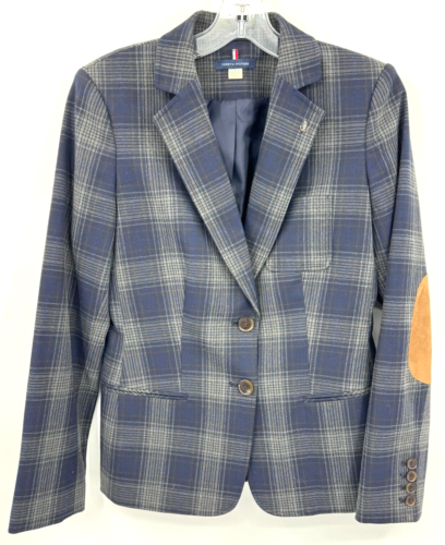 Tommy Hilfiger Blazer Jacket Womens 4 Button Plaid Elbow Patch Nautical Career - Picture 1 of 11