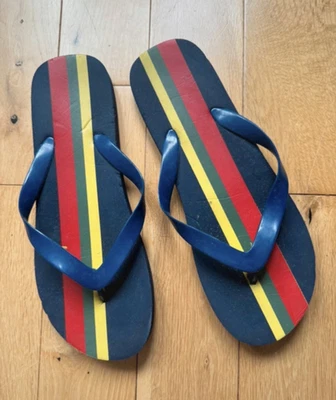 Men’s Blue Flip-Flop Sandals Slip-On with Red & Yellow Striped Strap - Image 1 of 4