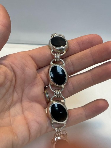 *MEXICO 925 STERLING SILVER & BLACK ONYX OVAL TOGGLE BRACELET 7.5" #WA540 - Picture 7 of 8