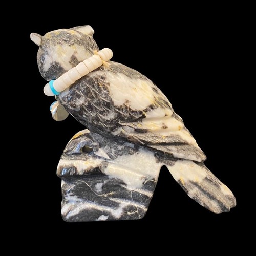 Zuni Fetish by Eddington Hannaweeke, Zebra Marble Owl w/ Necklace, 2" L - Picture 7 of 11