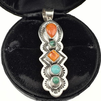 Native American Marked BS Stamped Sterling Silver Spiny Oyster Turquoise Pendant