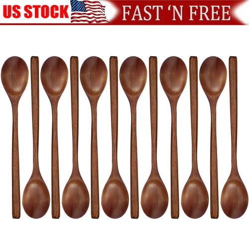 12PC Wood Spoons Soup Eco Friendly Japanese Tableware Natural Ellipse Wooden @ - Picture 9 of 10