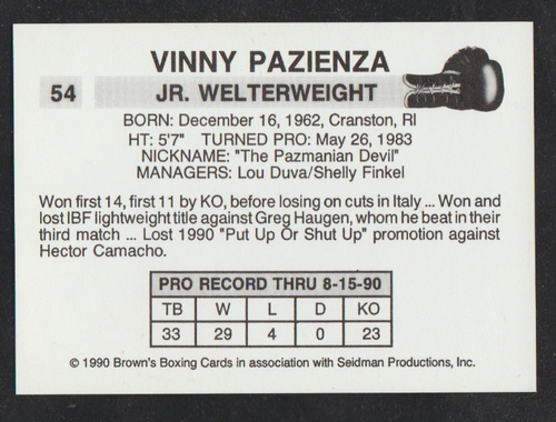 Vintage 1990 Brown's Boxing #54 VINNIE PAZIENZA Very Rare Vinnie Paz Card - Picture 2 of 2