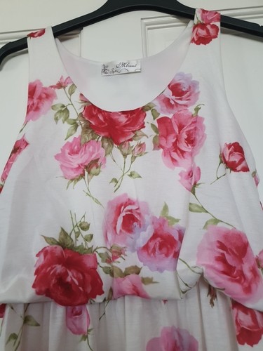 White Pink Red Rose Pattern Maxi Dress Size L - Picture 3 of 8
