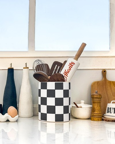 Utensil Holder,7.2 Inch Checkered Utensil Holder, Ceramic Cooking Utensil Spo... - Picture 3 of 9