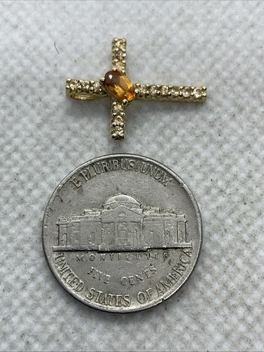 Solid 10K Yellow Gold Citrine & Smoky Quartz CROSS Religious Charm Pendant 0.9gr - Picture 10 of 22