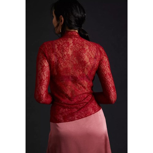 ANTHROPOLOGIE Rot Blumen Spitze Lagenlook Rollkragen Langarm Urlaub Top XS - Bild 4 von 10