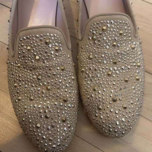 Stuart Weitzman SLIPBEADS TAN BEIGE SUEDE Studded Stud Rhinestone Loafer Flat 7M - Picture 10 of 10
