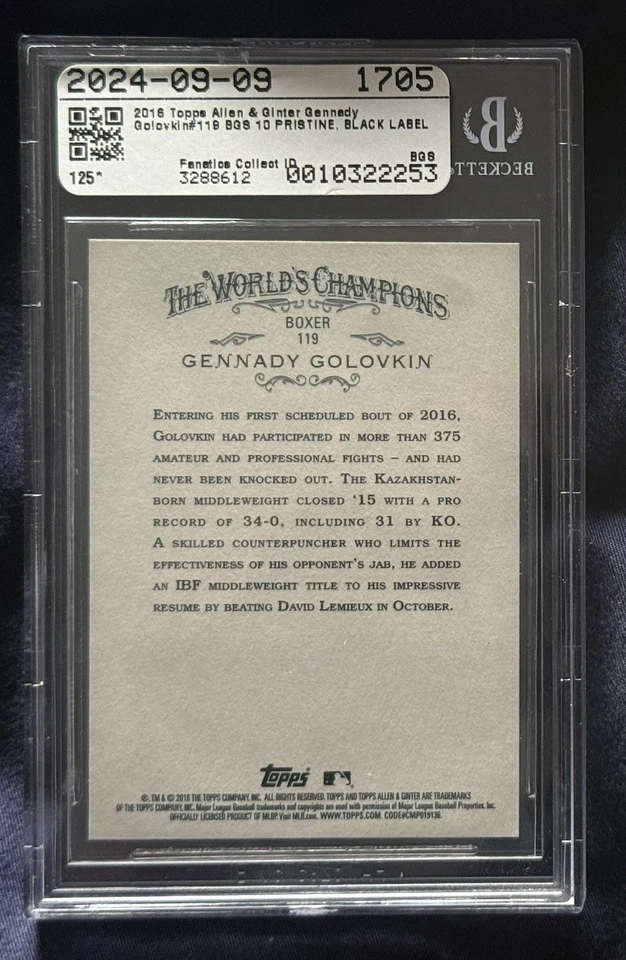2016 Topps Ginter BGS Black 10 Pop 1 Gennady Golovkin Boxing RC Card Canelo 🔥 - Image 2 of 3