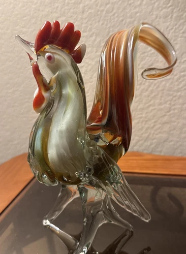 Murano Style Rooster Hand Blown Art Glass Figurine Sculpture 7,5” Tall Vintage