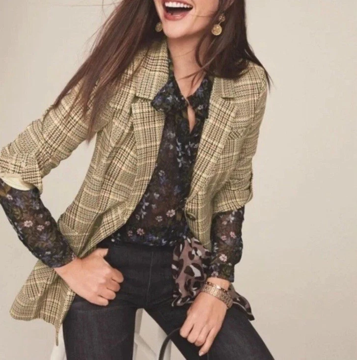 Blazer Cabi Pastime Beige Marrón Forrado a Cuadros Elástico #3548 Mujer Talla 4 Foto 2 de 4