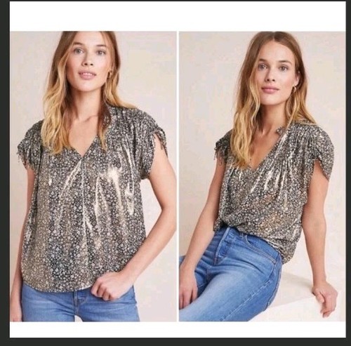 Anthropologie Current Air Sz Small Metallic Gold Bronze Shimmer Ditsy Floral Top - Picture 3 of 16