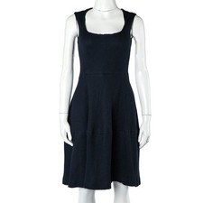 CH Carolina Herrera Navy Blue Textured Cotton Flared Dress S