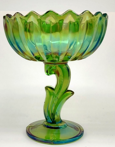 Vintage Indiana Glass Iridescent Green Lotus Bowl Compote on Pedestal 7.25 In - Picture 2 of 14
