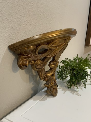Vtg Ornate Distressed Resin Acanthus Leaf Gold Bronze Wall Shelf Sconce - Picture 2 of 7