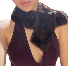Vintage Genuine Mink Fur Collar Brown Stole Scarf Silk Lined Floral Embroidery