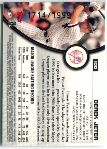 DEREK JETER 2001 Topps Finest #100 Yankees /1999 - Picture 2 of 2