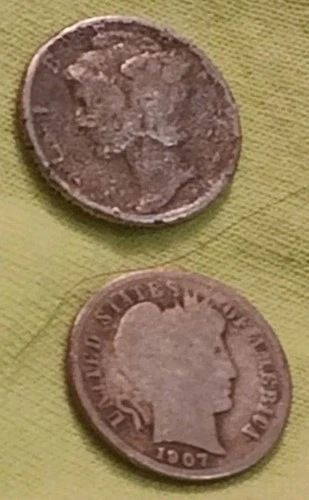One Silver Mercury And 1907 USA Barber  Dime Lot Of 2 Antique Coins