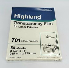 Highland Transparency Film For Laser Printers 701 Black on Clear 50 Sheets USA
