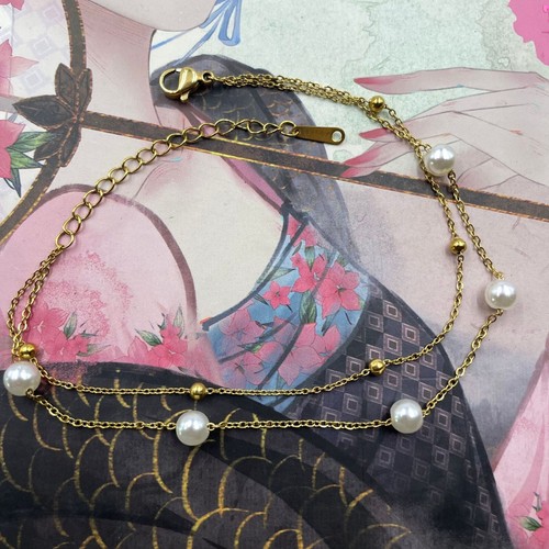Woman Fashion Gold Plated Pearl Beaded Double Layers Bangle Bracelet Cuff - Picture 4 of 5