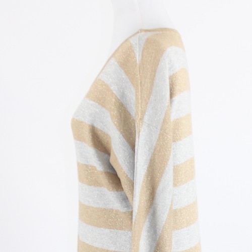 Beige gray striped shimmery COLDWATER CREEK 3/4 sleeve scoop neck sweater M - Picture 6 of 8