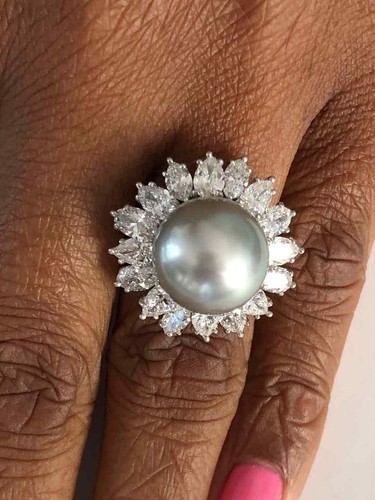 Fine Gray 13.5mm High Quality Pearl With Marquise & Pear Cut CZ Cluster Ring - Picture 6 of 10
