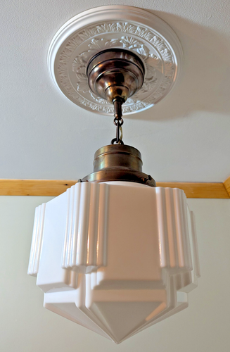 306 Art Deco Vintage 20-40's Pendant Ceiling Light Fixture Glass Shade Skyscrape - Picture 2 of 6