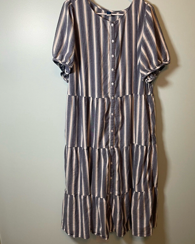 Old Navy Dress Womens 2X Smocked Layered Blue Stripe Pockets Nautical Coastal - Picture 2 of 8