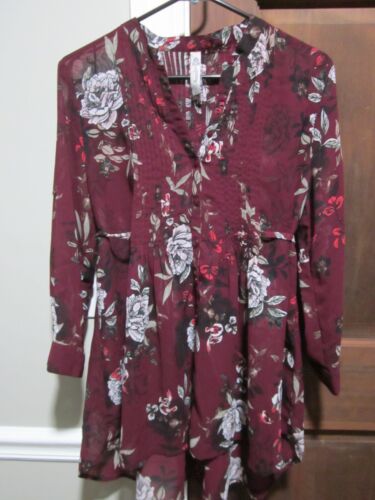 American Rag Cie Blouse Burgundy Floral Print Sheer Tie Back Roll Tab Sleeve MED