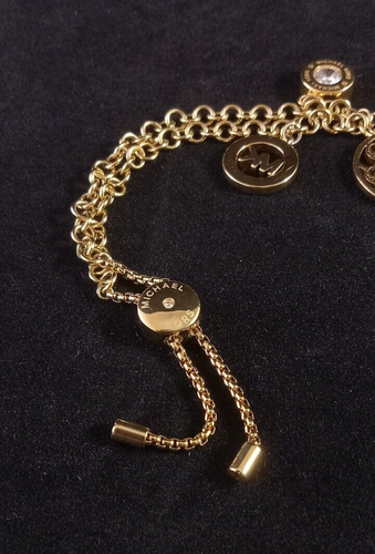 Michael Kors Gold Tone CZ Rhinestone Charm Slider Chain Bracelet - Picture 4 of 7