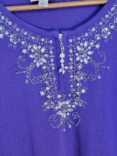 Quacker Factory Sweater Embellished Purple 1/4 Zip Rhinestones Size XL - Picture 5 of 5