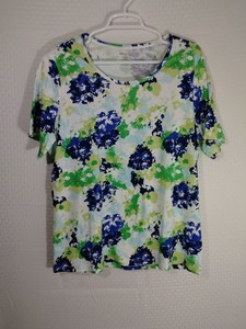 WHITE-STAG-WOMENS-Short-Sleeve-Top-Shirt-SIZE-XXL-20-Blue-Green-on-White-Floral