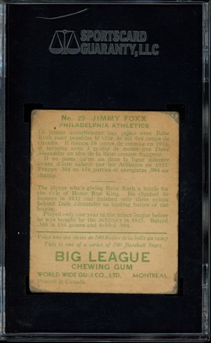 1933 Goudey #29 Jimmy Foxx SGC 1.5 HOF Philadelphia Athletics Baseball Card - Picture 2 of 2