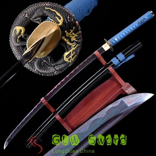 Purple Japan Samurai Katana Folded Steel Damascus Blade Razor Sharp