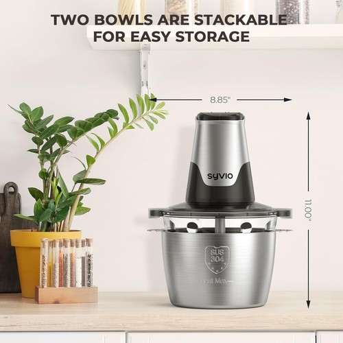 Food Processor Stainless Steel 8 Cup 2 Bowls 450W Mini Electric Chopper - Picture 4 of 11