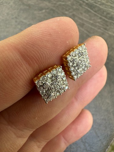 Iced Square Earrings Big 10mm Real 925 Silver 14k Gold Plated Studs Hip Hop Out - Picture 12 of 21
