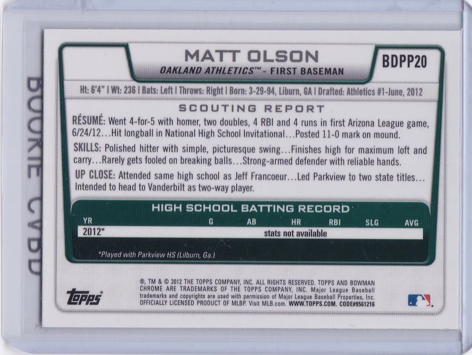Tarjeta de novato Matt Olson 2013 Bowman cromada primera RC A's béisbol Atlanta Braves Foto 2 de 2