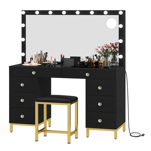Black Makeup Table Vanity Desk with Mirror Power Outlet and 14 Lights 8 Drawers - Picture 8 of 10