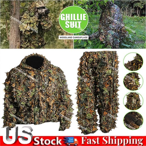 Outdoor Camo Ghillie Suit 3D Leaf Camouflage Clothing Jungle Woodland Hunting - Picture 2 of 14