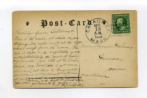 Cataumet, Bourne MA 1909 postal, mensaje de texto describe vista, A.S. Colgate - Imagen 2 de 2