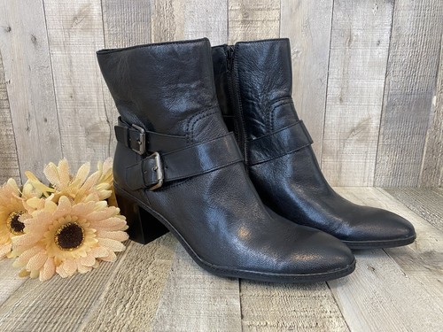 ANNE KLEIN Double Buckle Black Leather Ankle Zip Shootie Boots US Womens SZ 9.5 - Picture 2 of 20