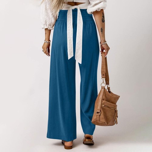 Women Flowy Wide Leg Pants Casual Beach Pant High Waisted Drawstring with Pocket - Picture 14 of 30