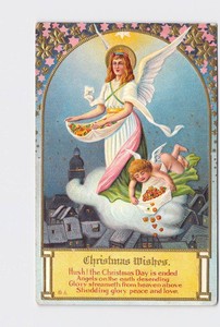 ANTIQUE-POSTCARD-CHRISTMAS-ANGEL-CHERUB-DROPPING-CANDY-FROM-CLOUD-OVER-TOWN-EMBO